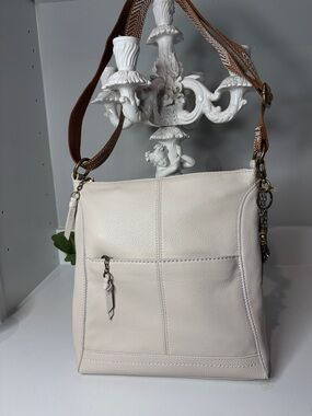 Classic Cream Leather Crossbody Bag with Brown Strap the sac New